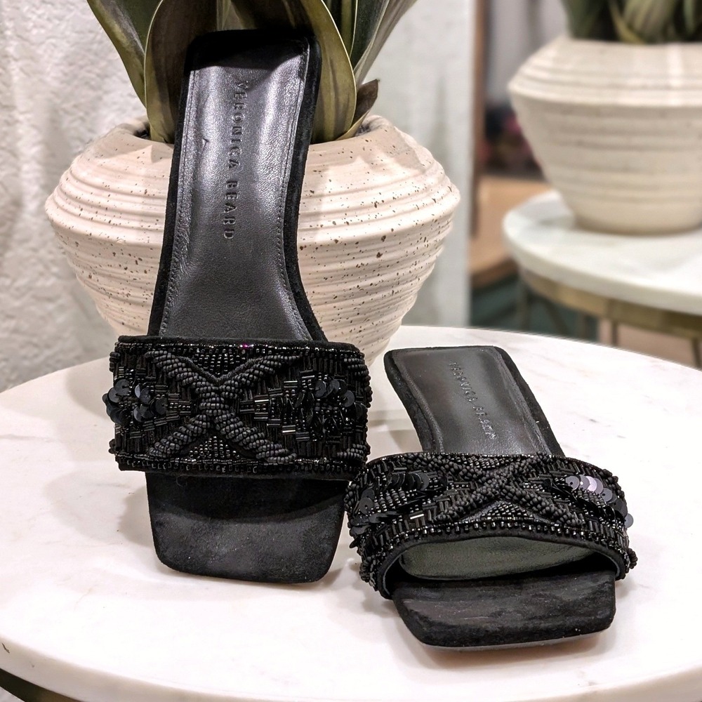 Veronica Beard Black Finlee Beaded Square Toe Kitten Heel Slides Sandals Size 7M